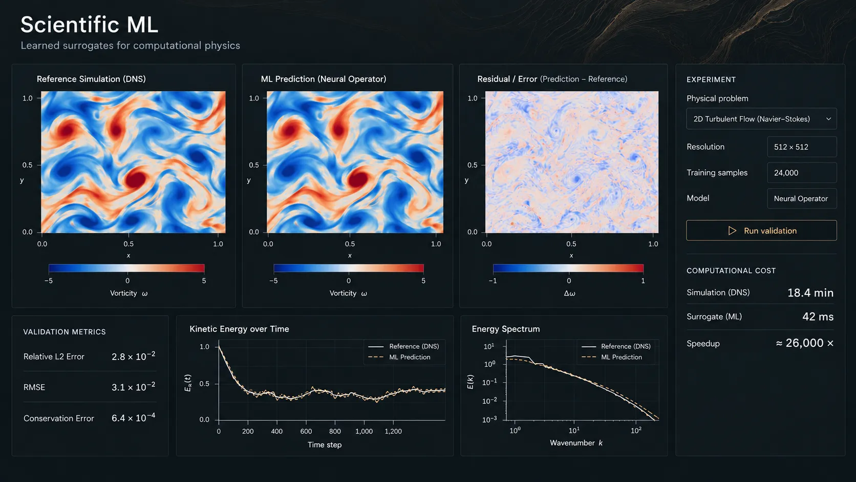 Scientific ML dashboard comparing fluid simulations, model predictions, and error fields.